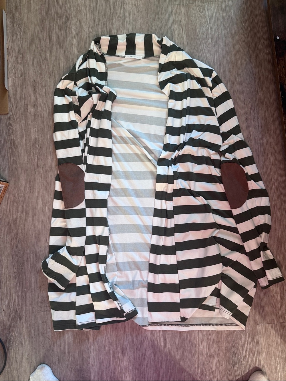 Reborn J Black and White Striped Open Cardigan with Brown Elbow Patches